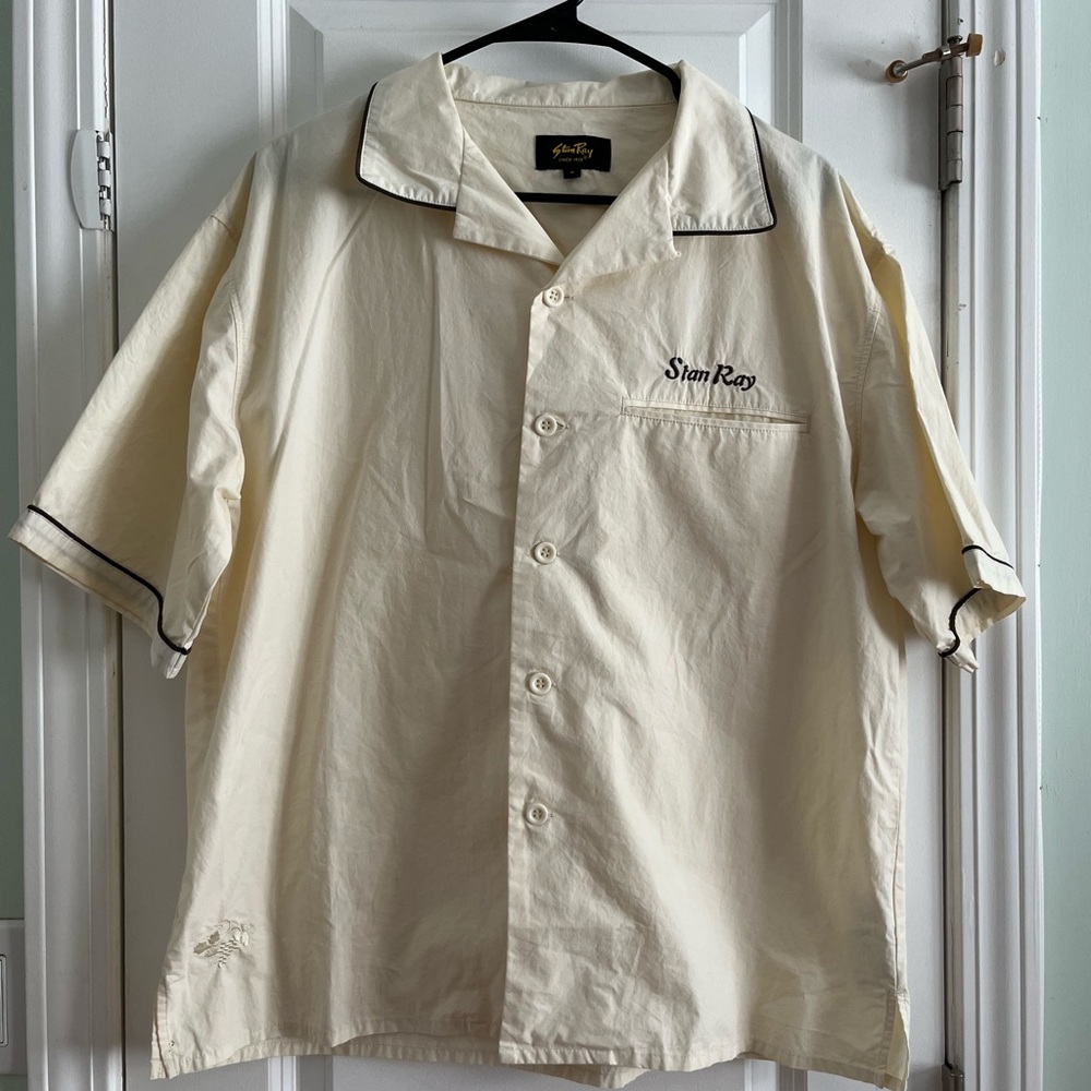 Stan Ray Cream Short Sleeve Button-Down Shirt with Black Piping